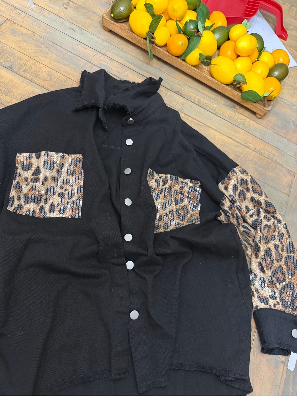 BKE Black Button-Down Shirt with Leopard Sequin Patches